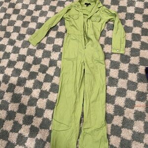 Green zip up denim pants jumpsuit